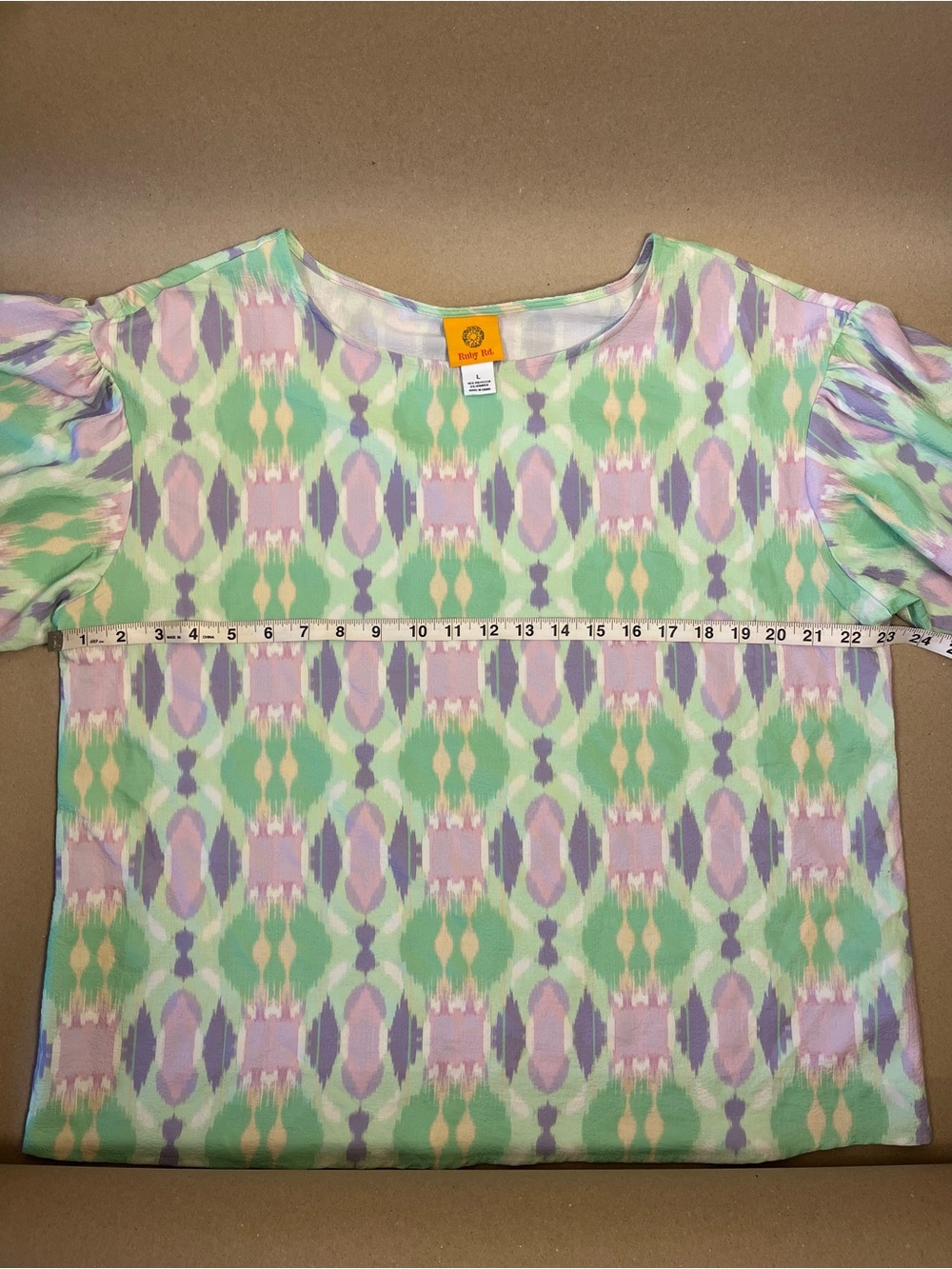 Ruby Rd. NWOT Ikat Print Puff Sleeve Top Size L Mint Lavender Pastel - Picture 4 of 8